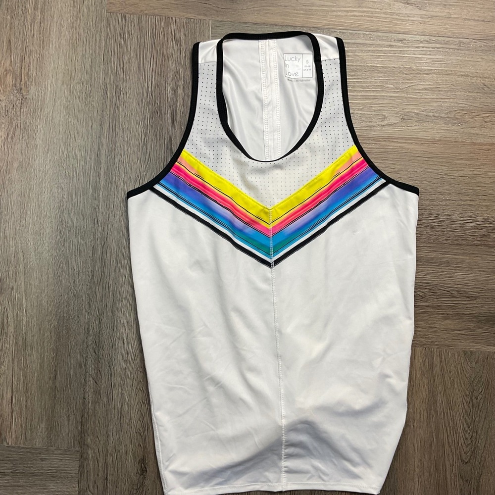 Lucky in Love Off Tropic Tie Back Chevron Tennis‎ Tank Womens Small White Multi